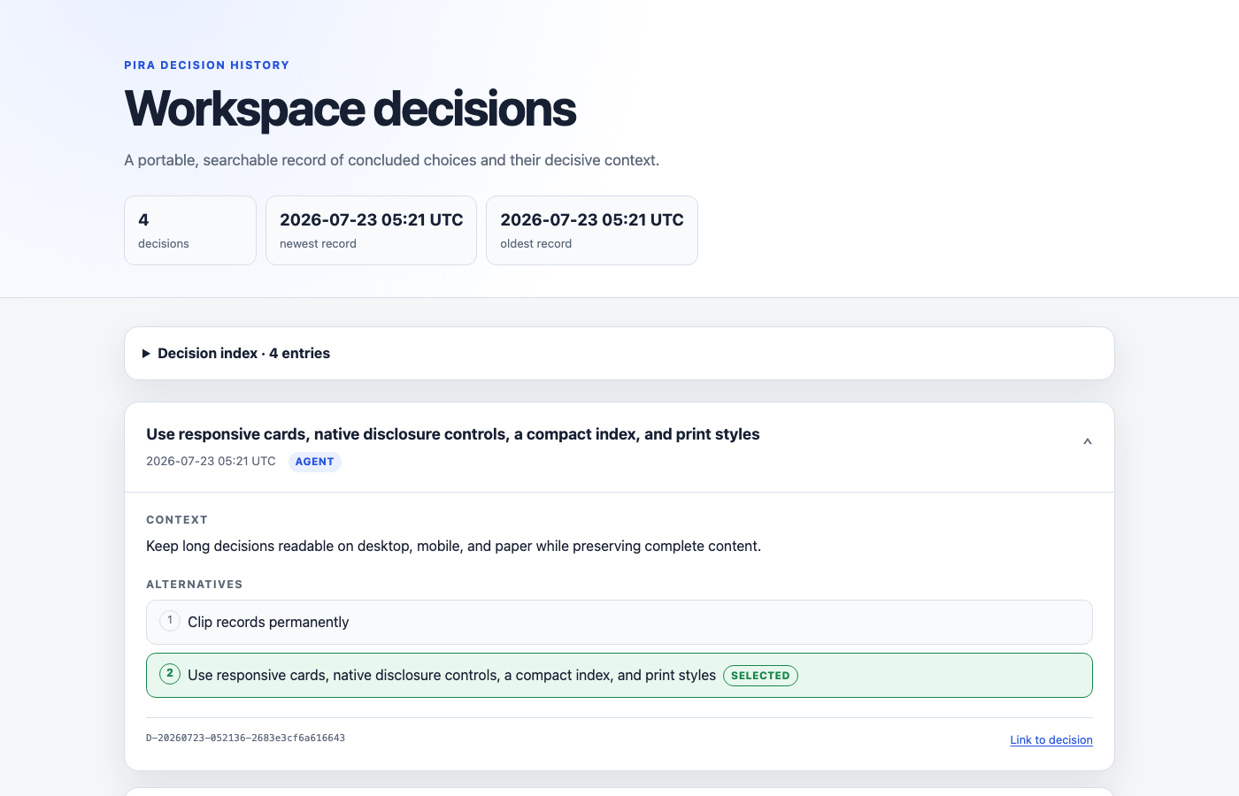 Preview of a PIRA decision-history export showing a selected design choice, alternatives, authority, and timestamp.